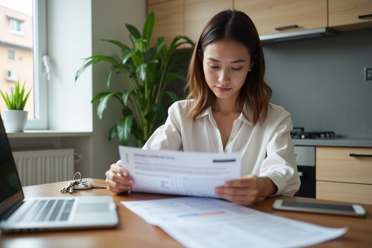 Jeune femme analysant un rapport DPE dans la cuisine