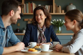 Femme française dans sa quarantaine partageant un petit déjeuner familial