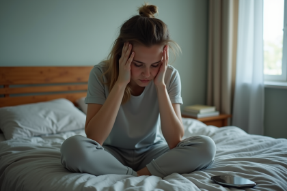 Jeune femme fatiguée assise sur son lit dans une chambre modeste