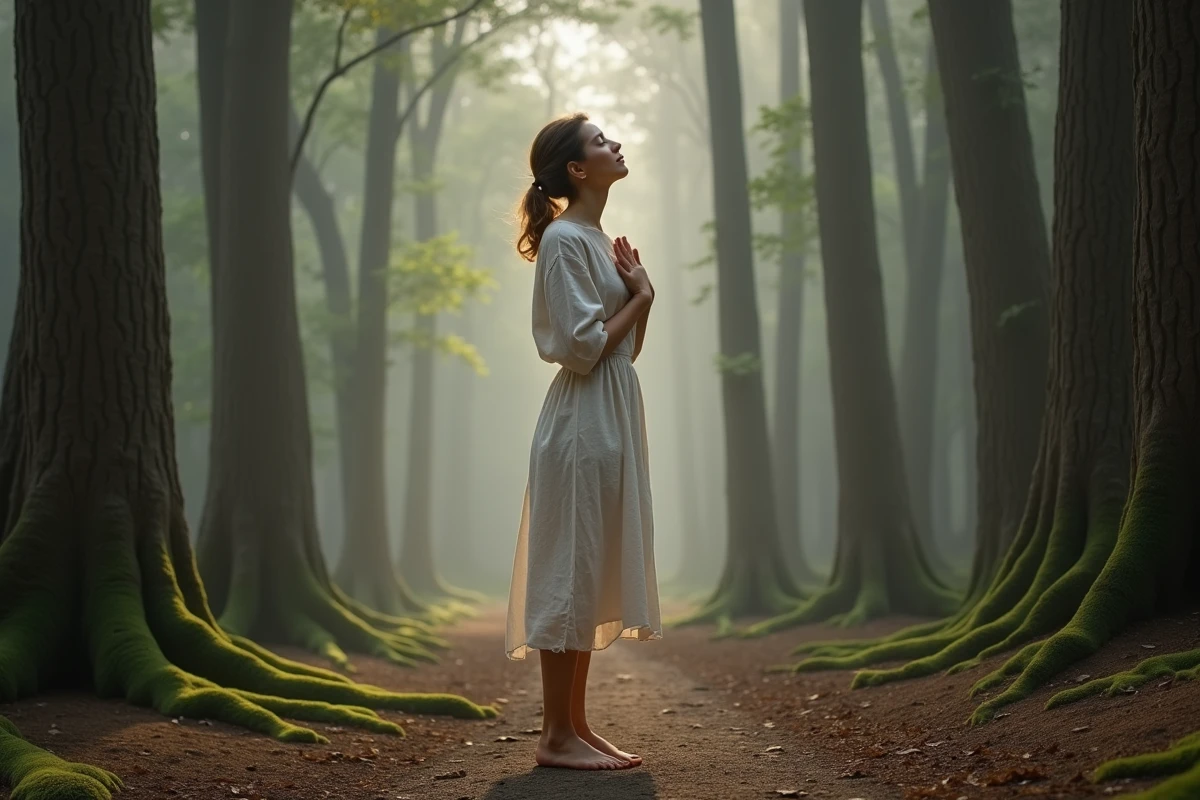 Femme en robe blanche debout les yeux fermés sur un sentier forestier brumeux, symbolisant la quête spirituelle et la connexion intérieure à l'âme sœur