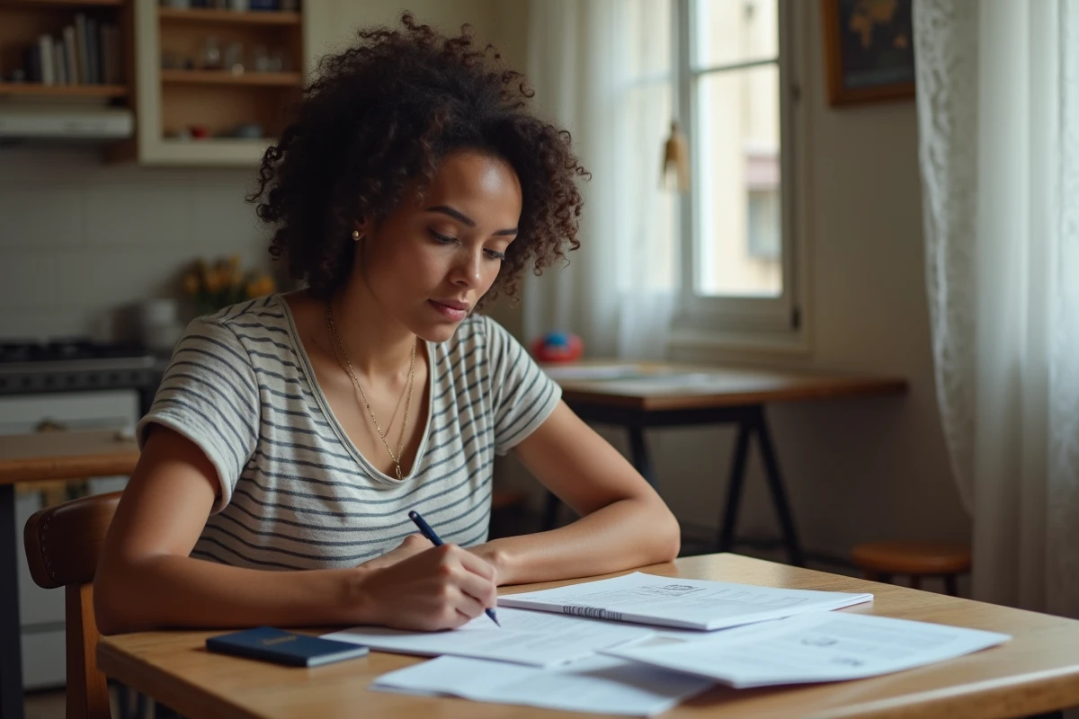Femme remplissant des formulaires administratifs pour la nationalité française par mariage à la maison