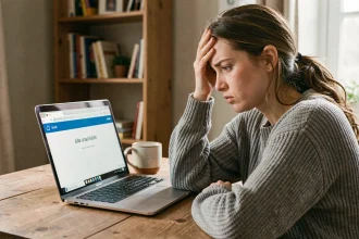 Femme frustrée devant un écran d'ordinateur affichant une page d'erreur de site indisponible