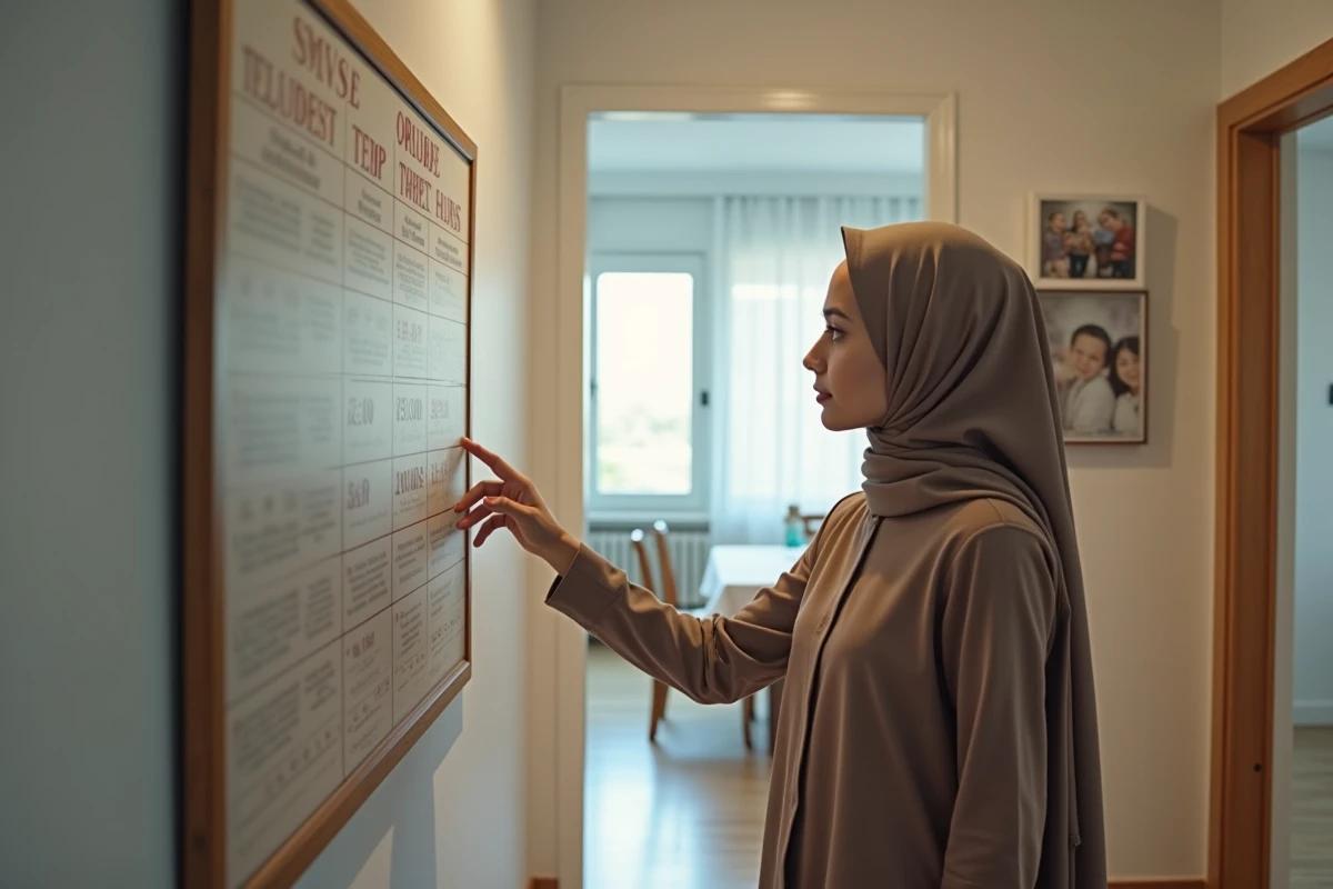 Jeune femme en hijab consulte un calendrier de prières dans un appartement