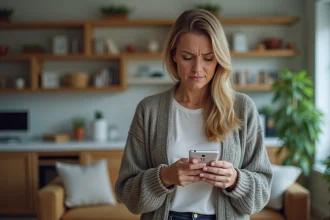 Femme inquiète regardant son smartphone avec appel entrant