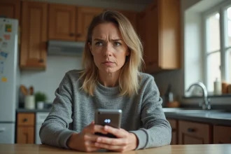 Femme inquiète regardant un SMS reçu d'un numéro étranger commençant par l'indicatif 49 sur son smartphone dans une cuisine