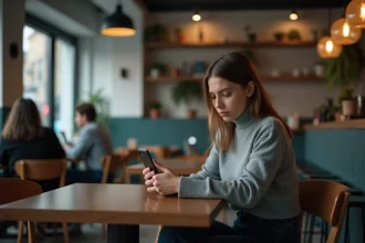 Femme isolée dans un café regardant son téléphone avec une expression inquiète, illustrant les conséquences sociales de la cancel culture
