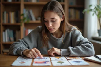 Femme jouant au jeu 4 images 1 mot avec des cartes illustrées posées sur un bureau en bois