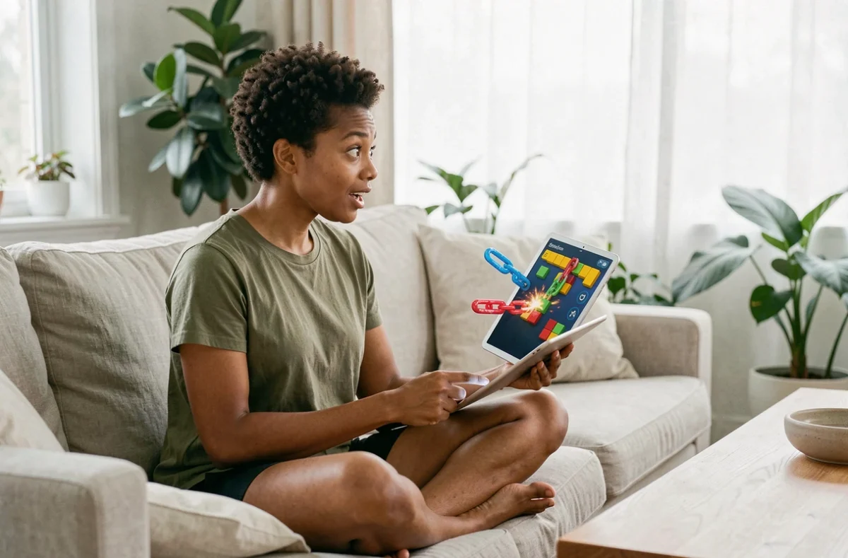 Femme jouant à un jeu de bombe sur tablette dans un salon lumineux avec une interface colorée de puzzle