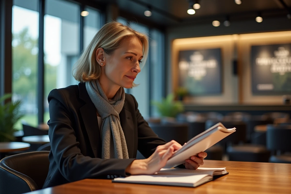 Femme sophistiquée lisant un programme de festival intérieur
