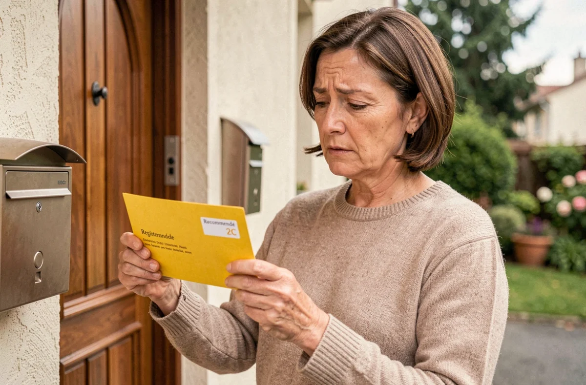 Femme tenant une lettre recommandée 2C devant sa porte d'entrée avec une expression interrogative