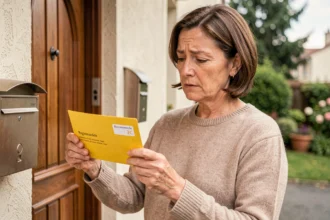 Femme tenant une lettre recommandée 2C devant sa porte d'entrée avec une expression interrogative