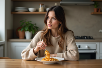 Jeune femme mangeant des spaghetti dans une cuisine chaleureuse