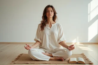 Femme méditant avec un carnet et un livre sur les mantras, assise en tailleur sur un tapis en jute dans un studio minimaliste