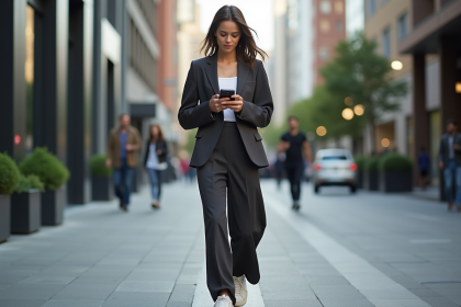 Femme élégante en blazer dans une ville moderne