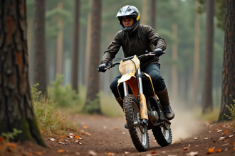 Femme en motocross dans la forêt avec casque et moto