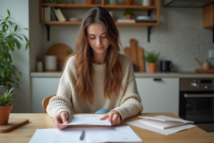 Jeune femme organisant ses papiers de budget mensuel