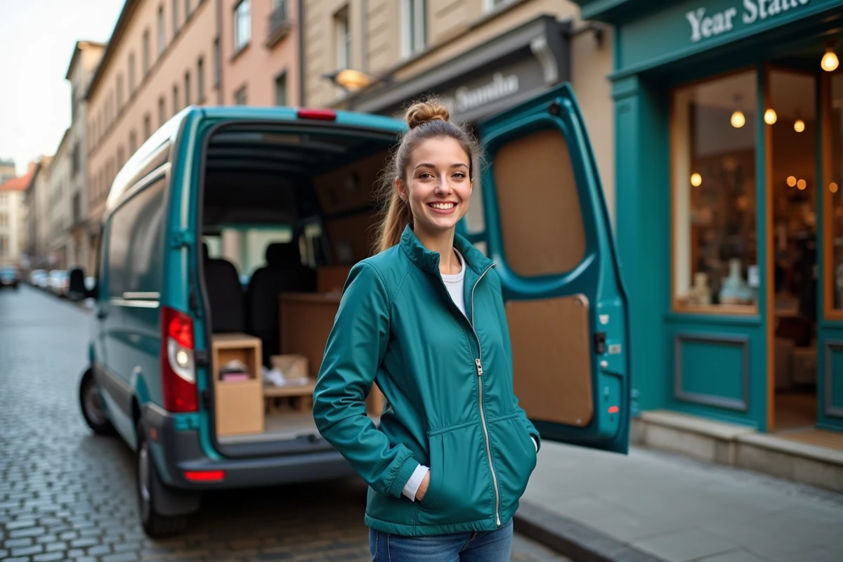 Jeune femme chargeant des outils dans sa camionnette devant sa boutique