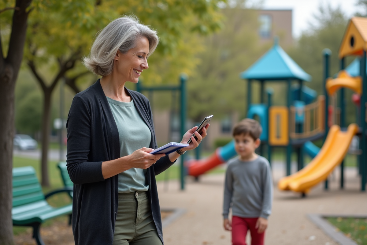 Femme dehors regardant son fils jouer au parc