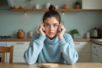 Femme pensive assise à la cuisine avec un pull bleu clair
