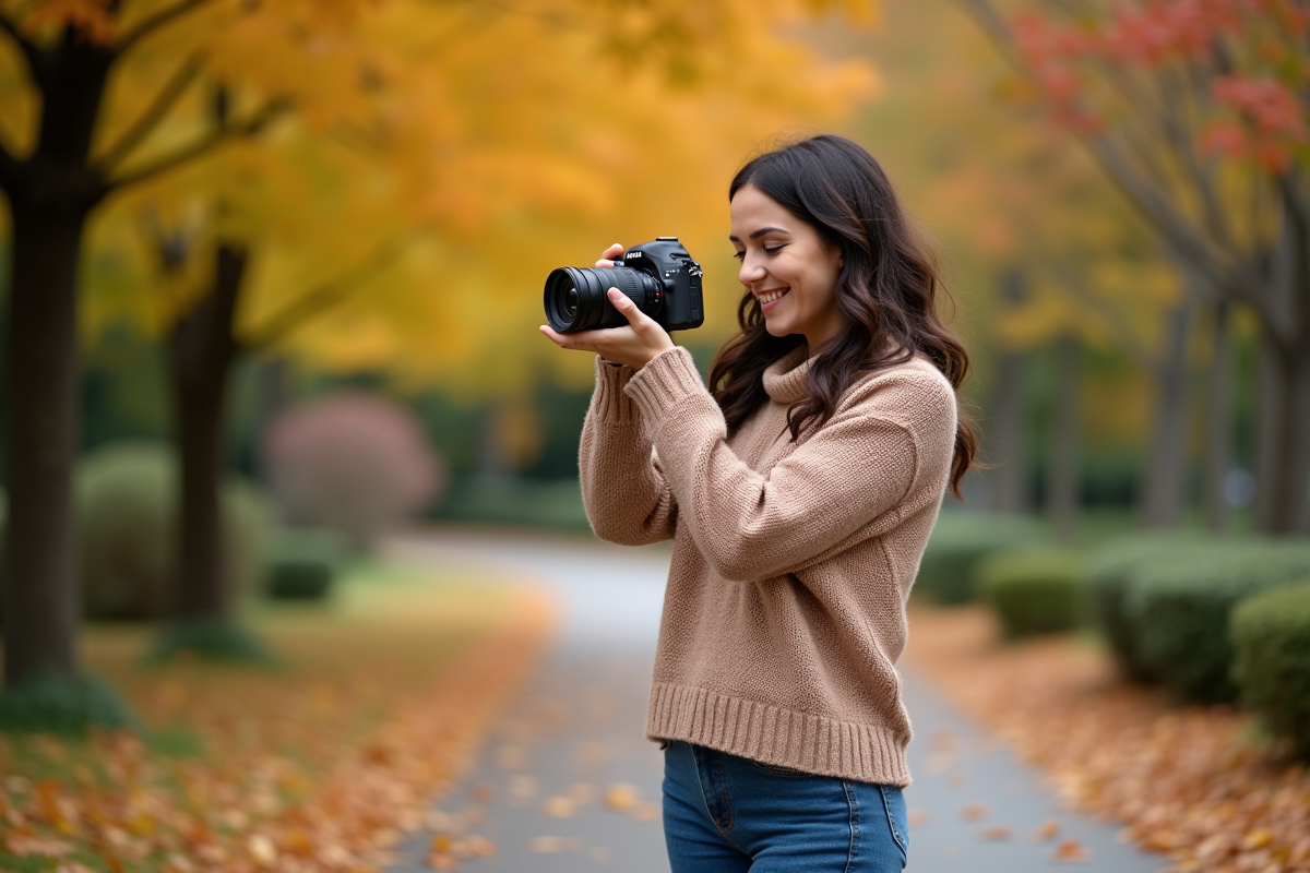Femme photographiant les feuilles d