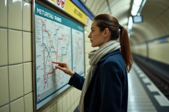 Femme consultant le plan du métro de Paris sur le quai d'une station classique aux carreaux blancs