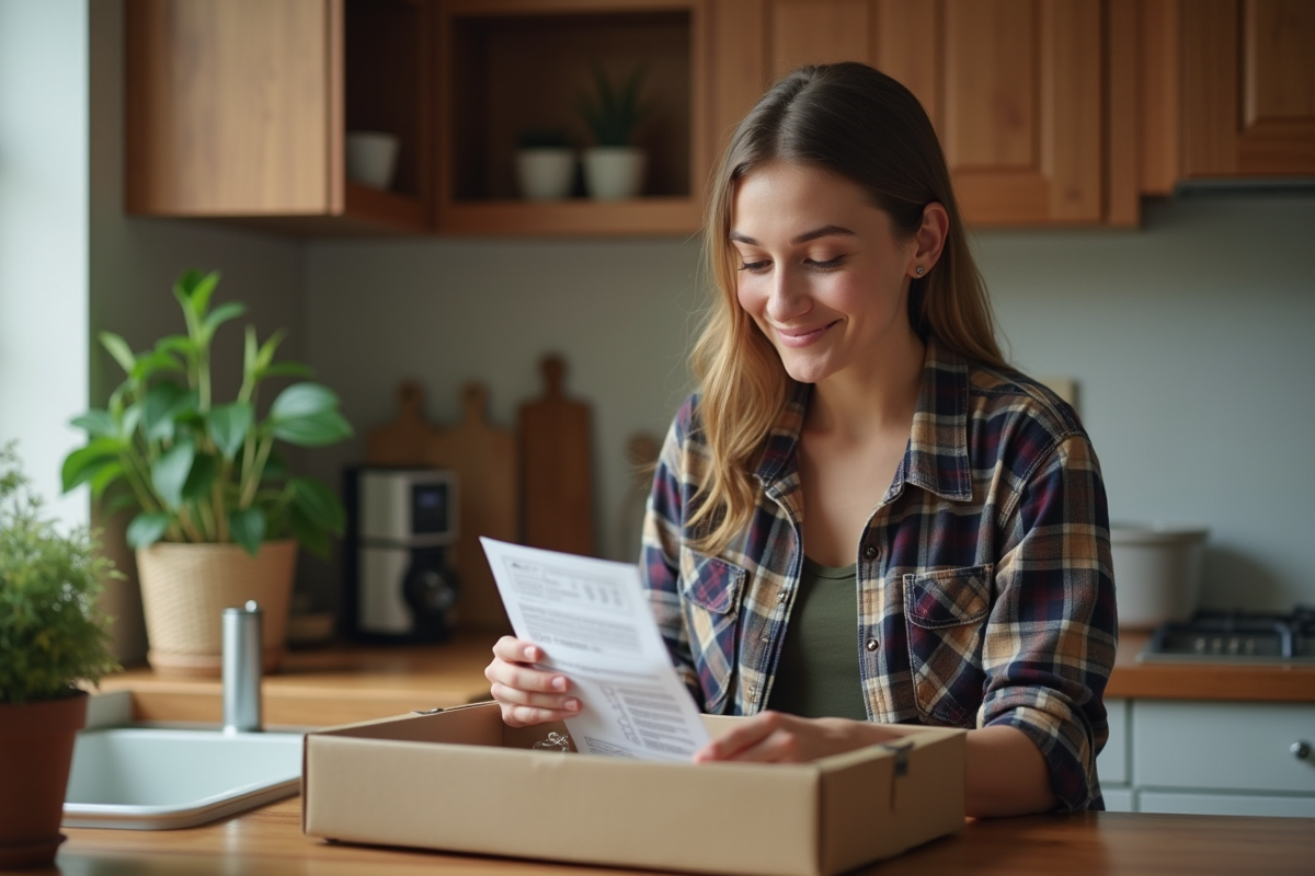 Jeune femme vérifiant un équipement de chasse dans sa cuisine