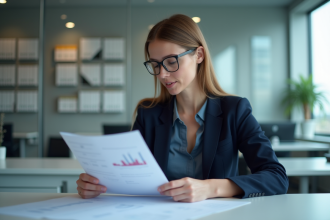 Femme en costume professionnel examine des rapports au bureau