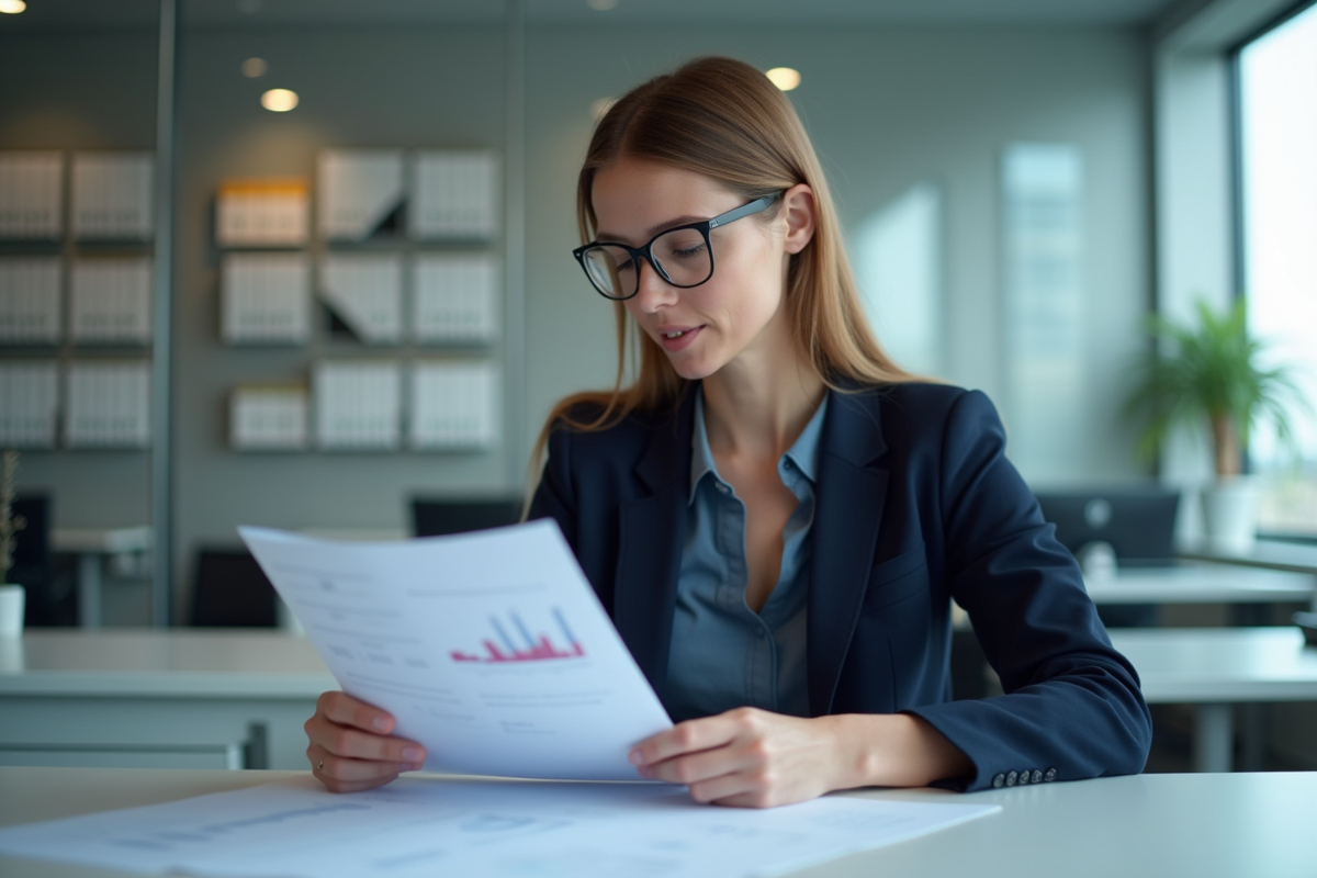 Femme en costume professionnel examine des rapports au bureau