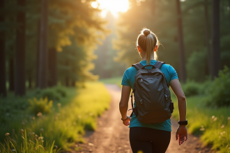 Femme sportive marchant en forêt avec montre connectée