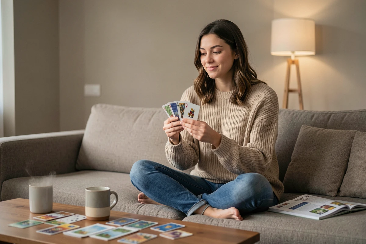 Jeune femme consultant les règles du jeu Palmier avec ses cartes en main sur un canapé