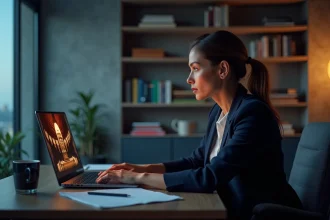 Femme regardant une série politique de fiction sur son ordinateur portable dans un bureau moderne, illustrant House of Dynamite sur Netflix