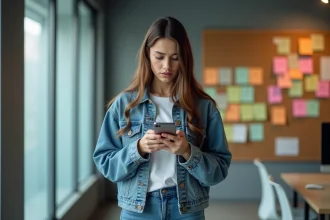 Femme en streetwear regardant son smartphone dans un espace de travail
