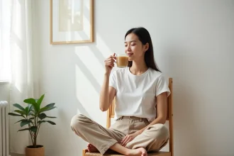 Jeune femme en t-shirt blanc et pantalon beige buvant du thé