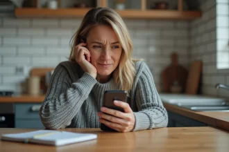 Femme consultant un numéro inconnu sur son smartphone dans une cuisine moderne, cherchant à identifier qui l'appelle via un annuaire inversé