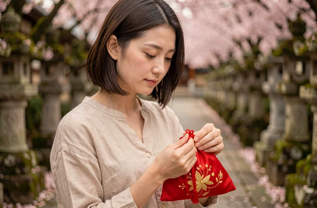 Jeune femme japonaise tenant un omamori traditionnel entre ses mains sur un chemin de sanctuaire à Kyoto entouré de cerisiers en fleurs