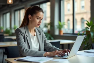 Femme en tenue professionnelle travaillant seule dans un bureau vide un jour férié de mai