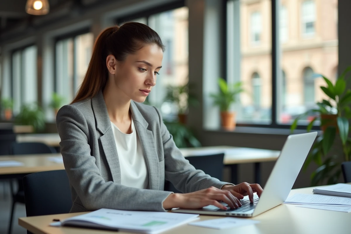 Femme en tenue professionnelle travaillant seule dans un bureau vide un jour férié de mai