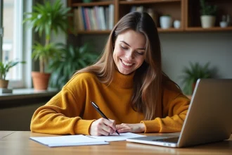 Femme assise à une table de cuisine avec ordinateur et notes