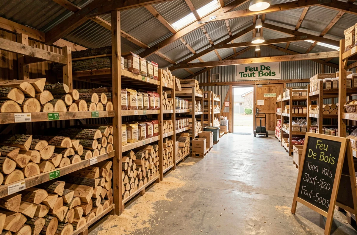 Magasin Feu De Tout Bois avec des bûches de bois dur et accessoires de chauffage exposés