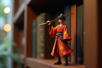 Figurine collector Rengoku Demon Slayer en pose dynamique sur étagère en bois sombre, détails peints à la main visibles