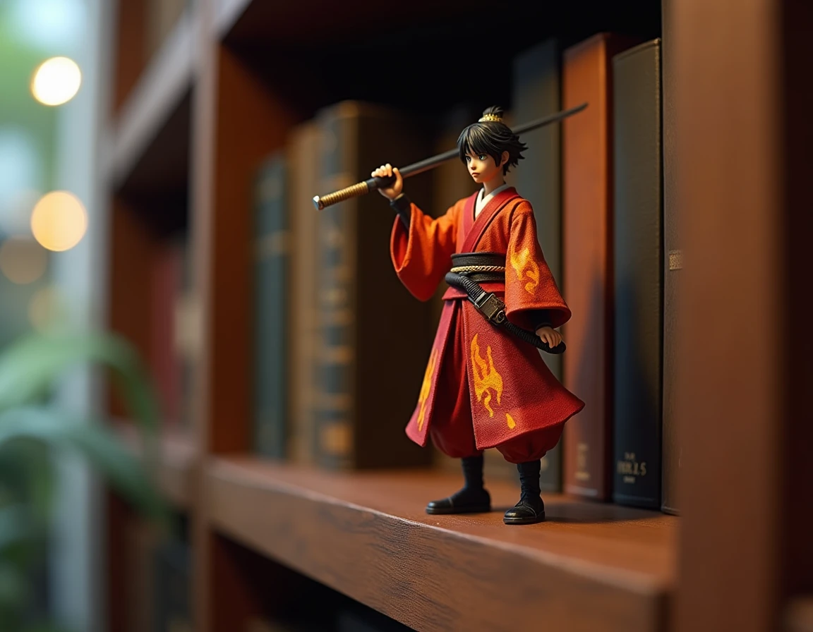 Figurine collector Rengoku Demon Slayer en pose dynamique sur étagère en bois sombre, détails peints à la main visibles