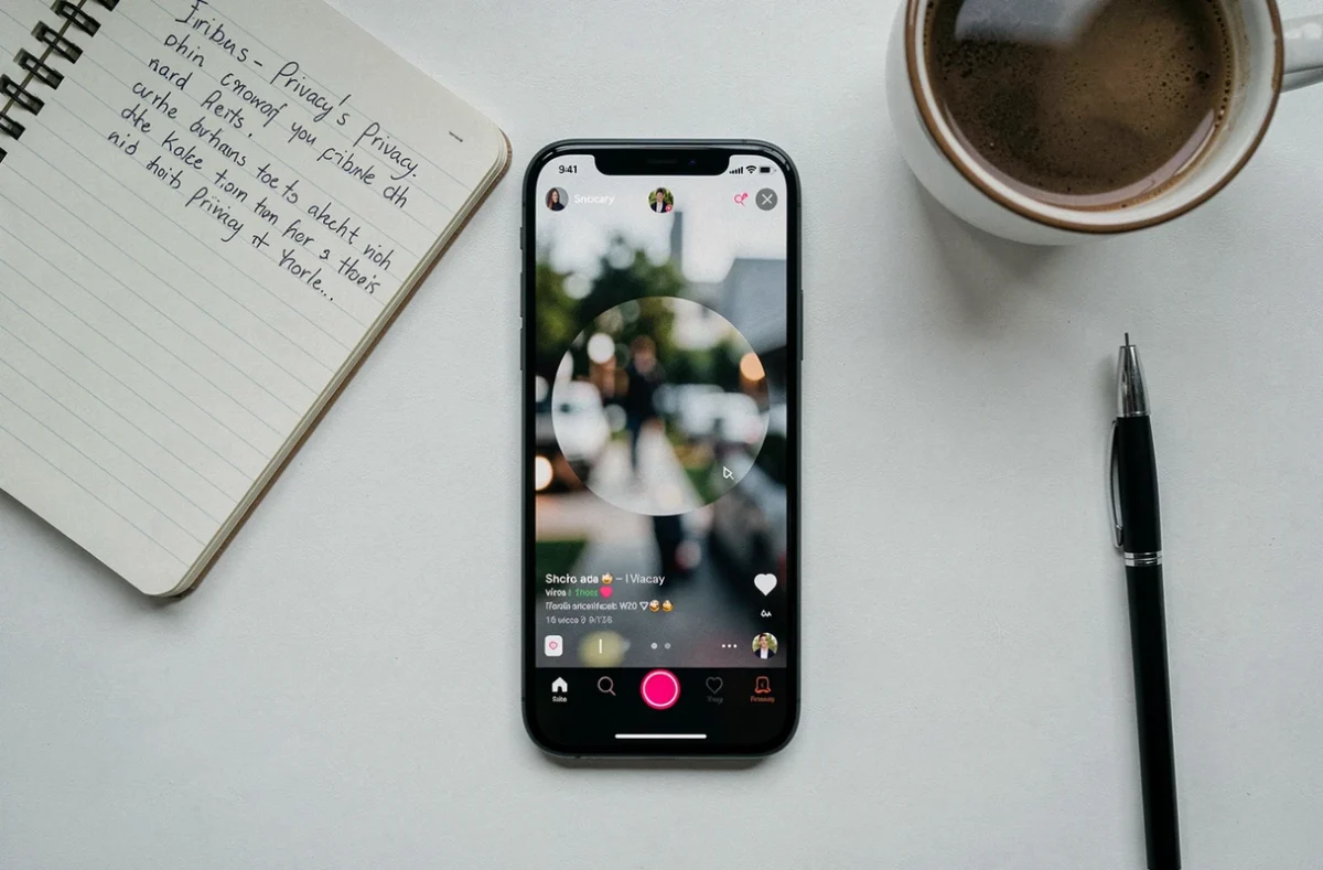 Vue aérienne d'un smartphone affichant une interface de story anonyme entouré de notes sur la confidentialité, composition éditoriale illustrant les risques liés aux données Snapchat