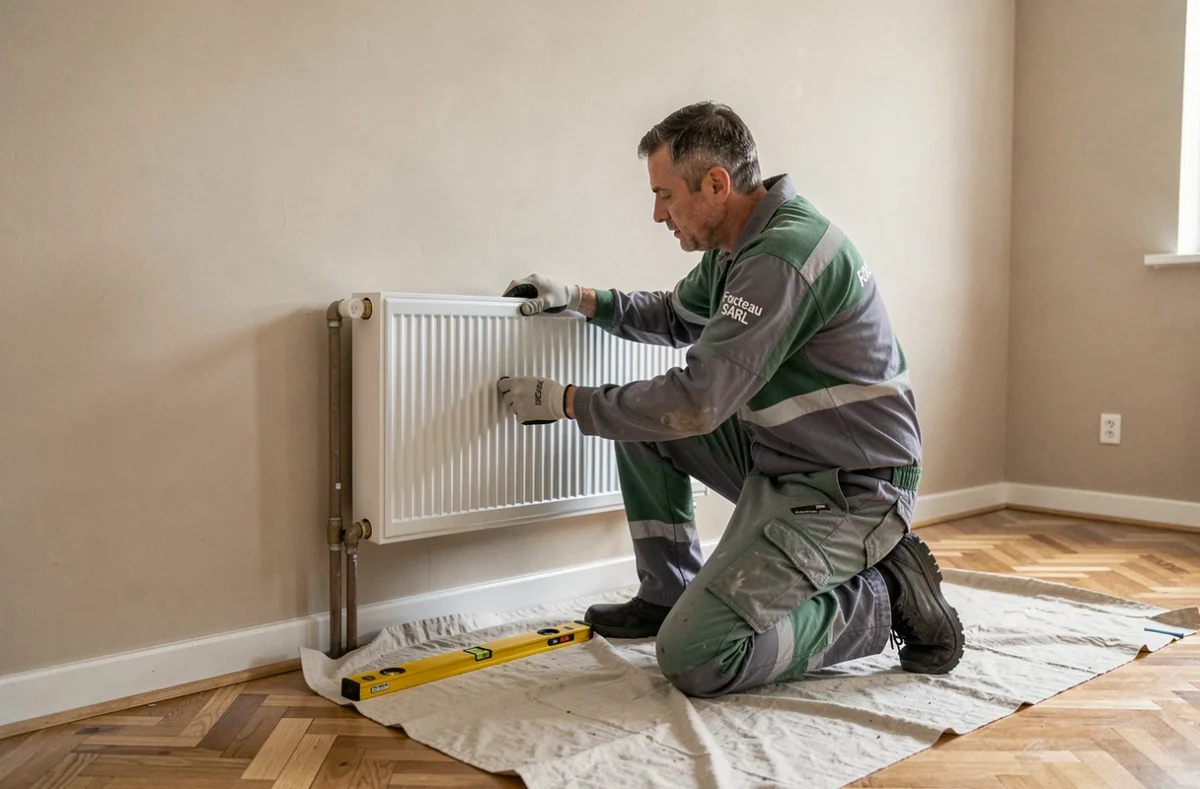 Technicien Foucteau SARL installant un radiateur dans une pièce rénovée dans la Vienne