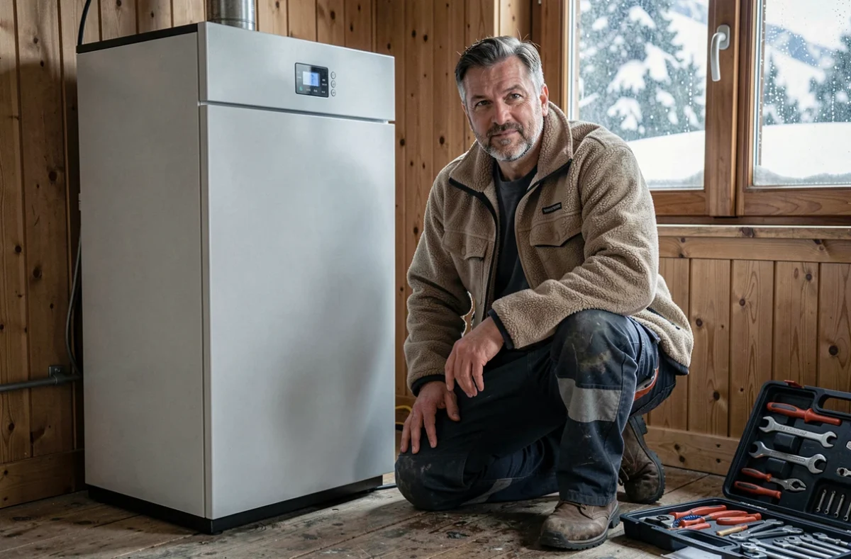 Frédéric Raymond artisan chauffagiste intervenant sur une chaudière dans un chalet en Savoie