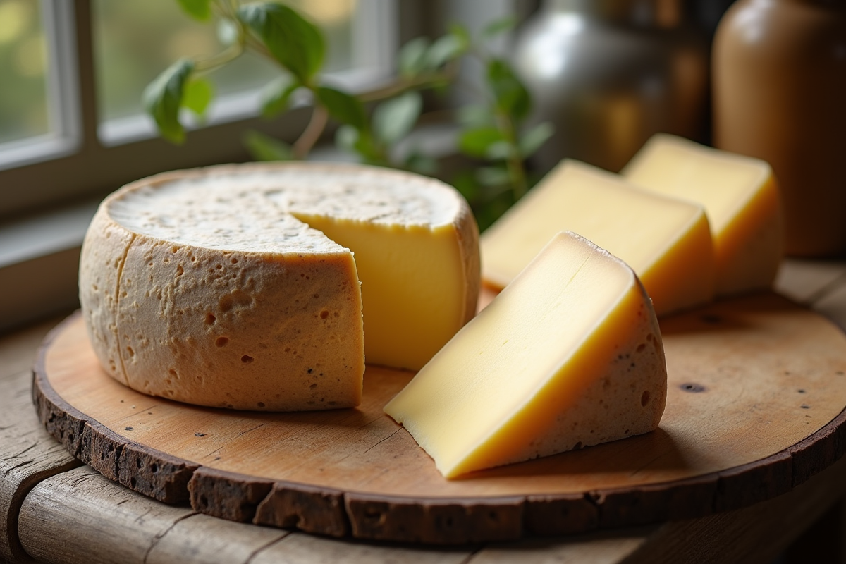 Table en bois avec fromages de brebis corses naturels