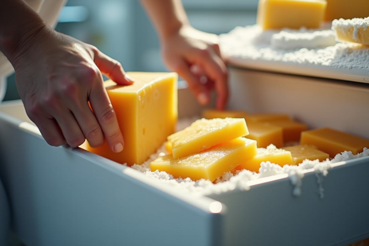 Personne plaçant un morceau de fromage dans un congélateur ouvert