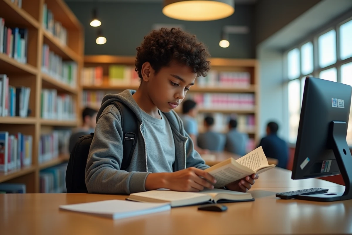 Garçon lisant un livre de grammaire dans une bibliothèque