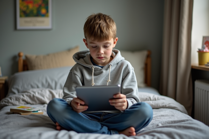 Garçon de 12 ans sur son lit regarde sa tablette