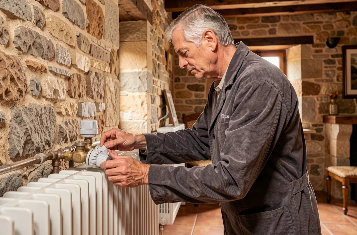Denis Gauguin réglant des vannes thermostatiques dans une ferme en pierre de la Vienne