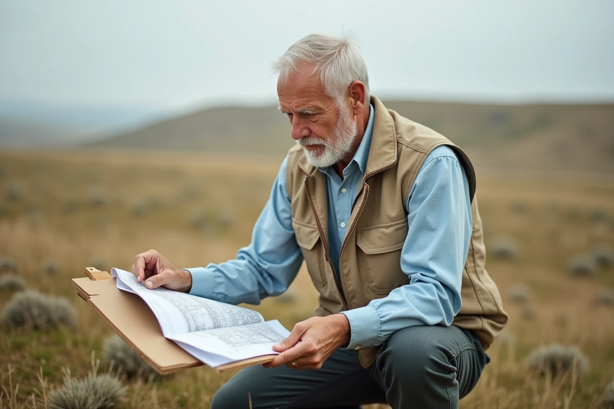 Géomètre expert examinant des plans topographiques sur un terrain agricole à estimer en hectares